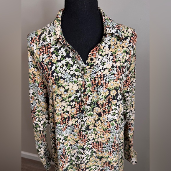 H&M Floral Midi Shirt Dress Cottagecore Prairie Boho Botanical Small - Picture 2 of 7